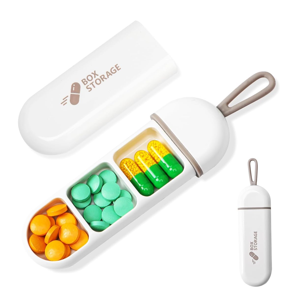 HANNEA Travel Pill Organizer, 3 Compartments Portable Pill Box with Carrying Rope, Daily Pill Box to Hold Vitamins, Small Pill Container for Pocket Purse Medicine Organizer, White HANNEA Travel Pill Organizer, 3 Compartments Portable Pill Box with Carrying Rope, Daily Pill Box to Hold Vitamins, Small Pill Container for Pocket Purse Medicine Organizer, White